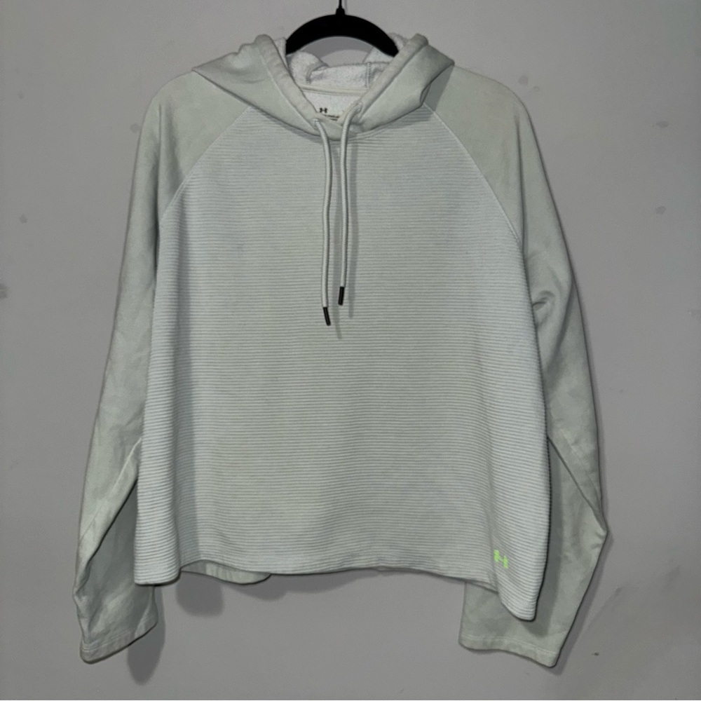 Under Armour Womens XL Loose Ribbed Pullover Hoodie Light Grey‎ Neon Lime Green